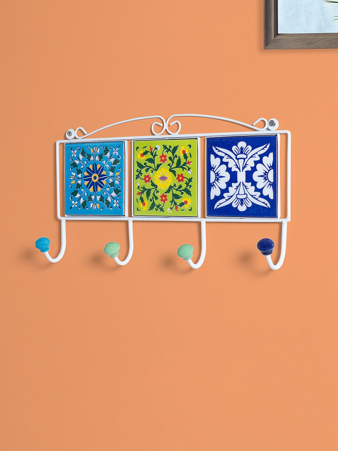 

Golden Peacock Blue & Yellow 4 Traditional Pottery Art Handcrafted Ceramic Wall Hooks