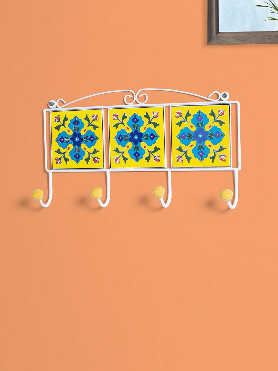 

Golden Peacock Yellow & Blue 4 Hooks Traditional Pottery Art Ceramic Wall Hooks