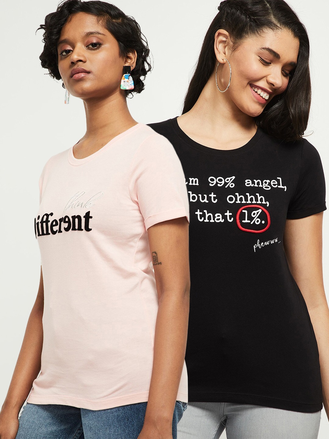 

max Women Set of 2 Black & Peach-Coloured Typography Printed T-shirt