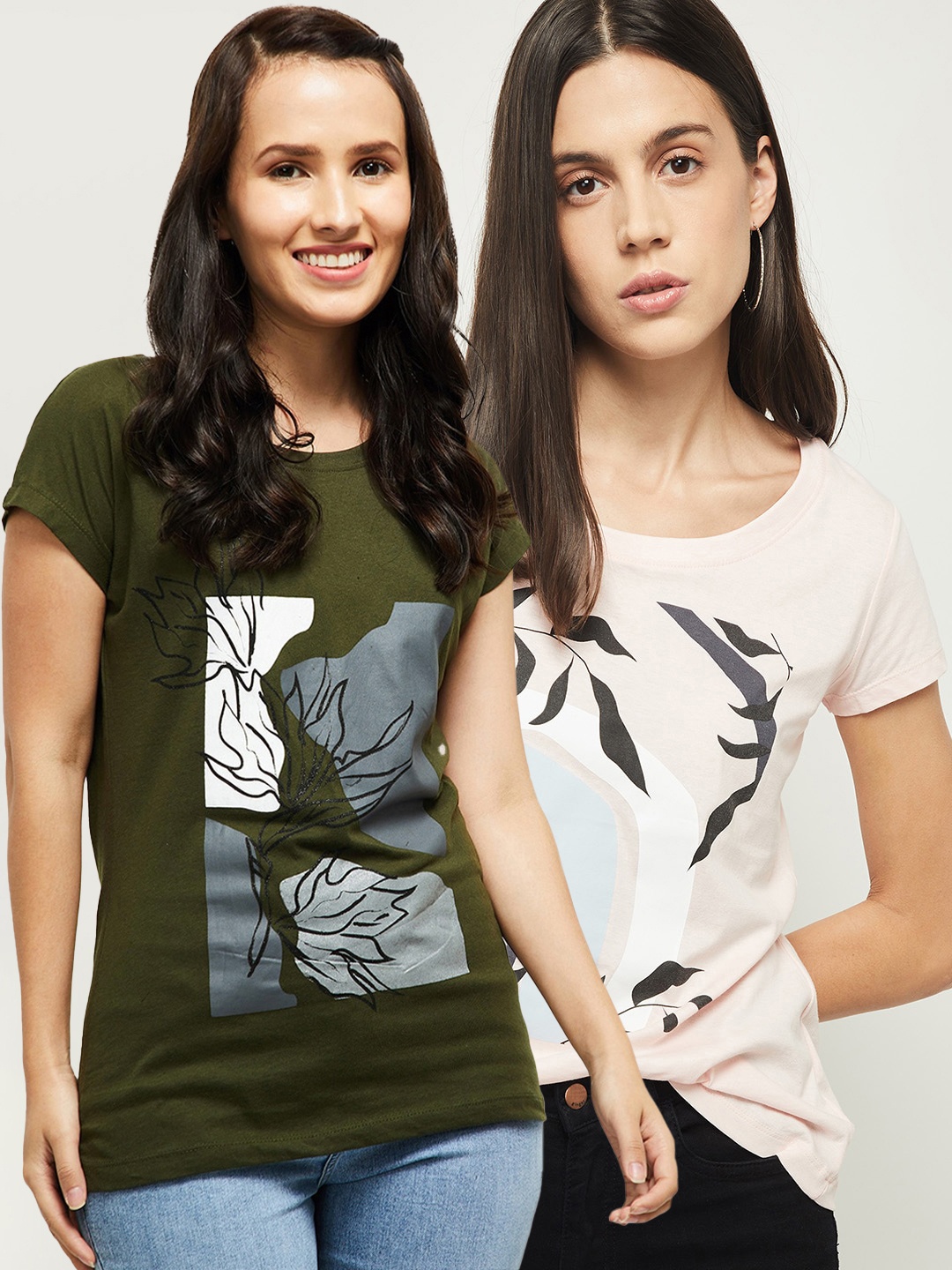 

max Women Pack Of 2 Printed Slim Fit T-shirt, Olive