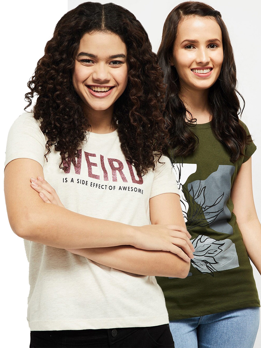 

max Pack of 2 Women Olive Green & Beige Printed T-shirt