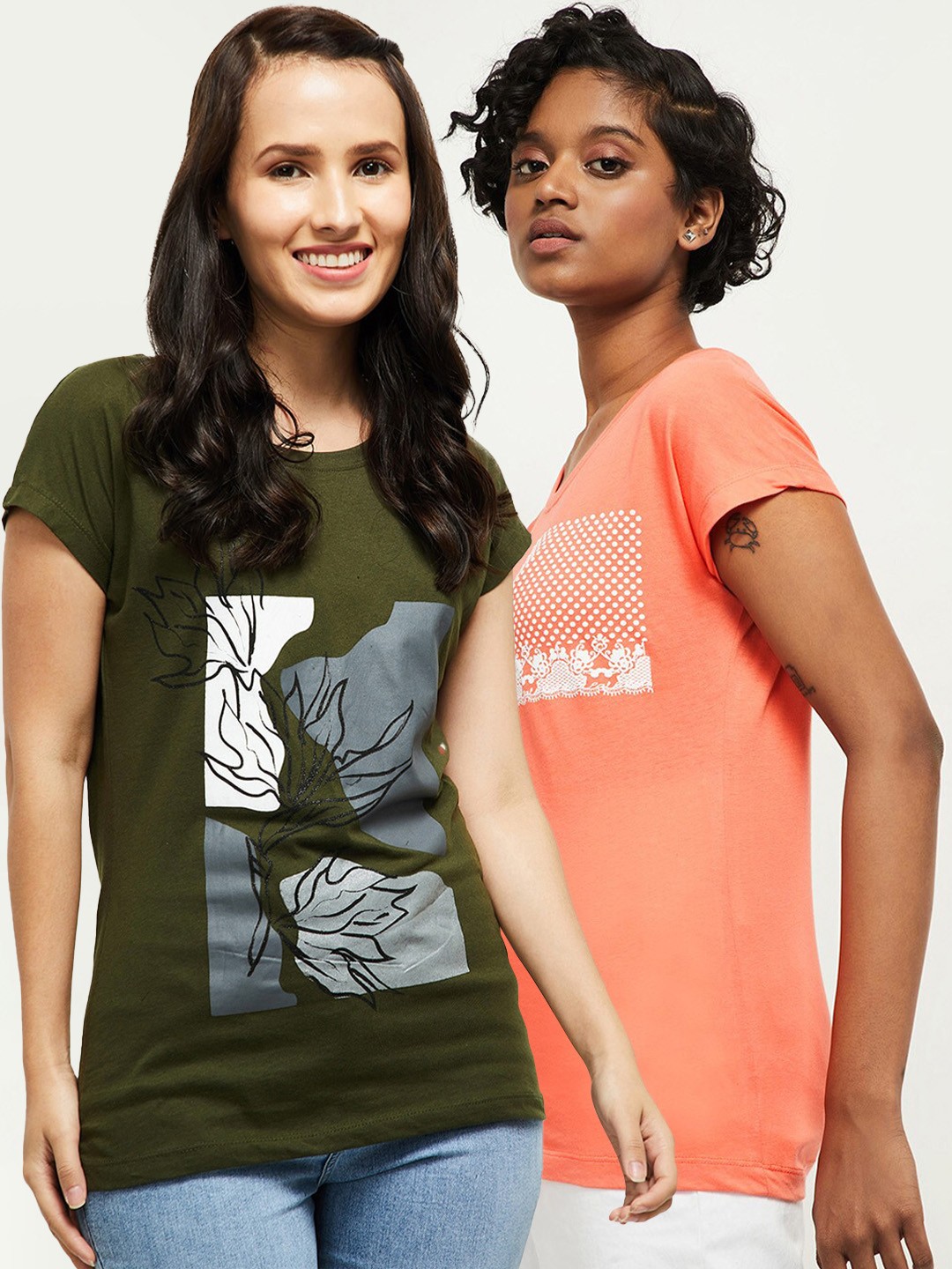 

max Women Pack of 2 Printed Pure Cotton Slim Fit T-shirts, Olive