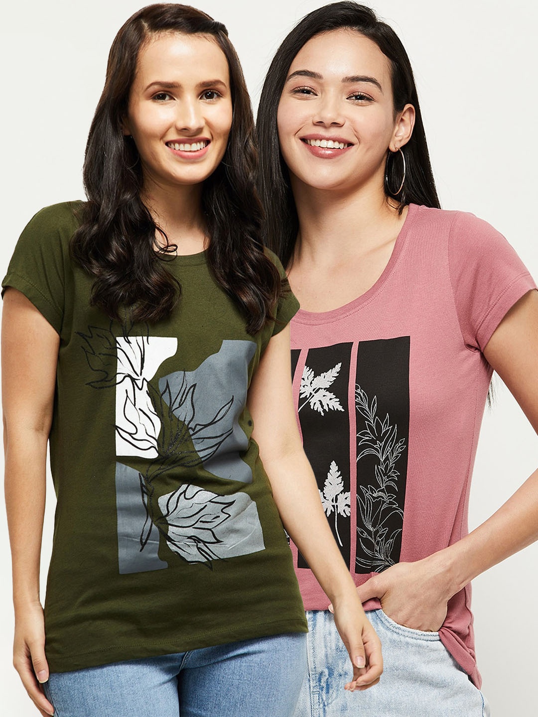 

max Women Pack of 2 Pure Cotton T-shirts, Olive