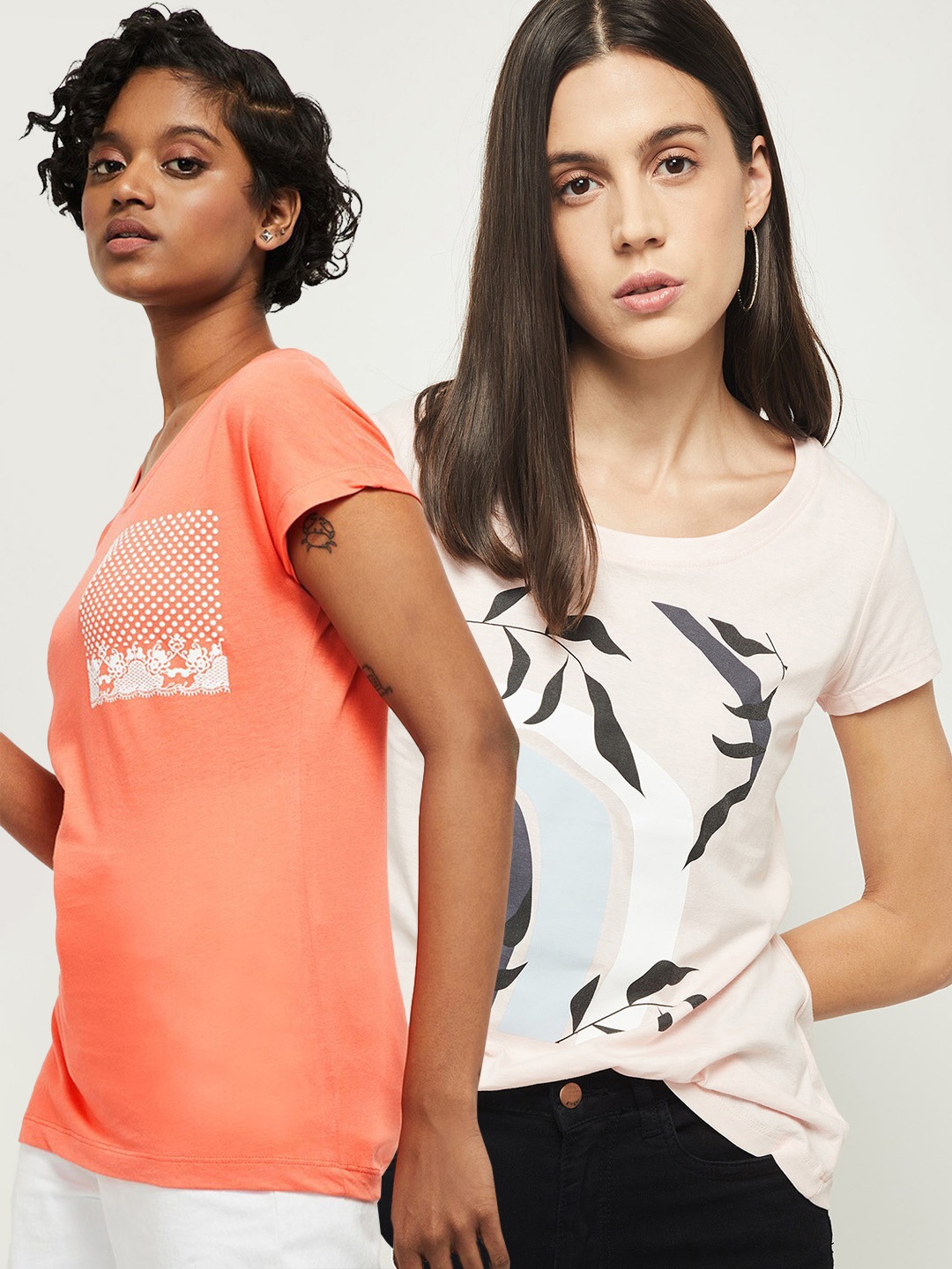 

max Women Pack Of 2 Graphic Printed Slim Fit Pure Cotton T-Shirts, Orange