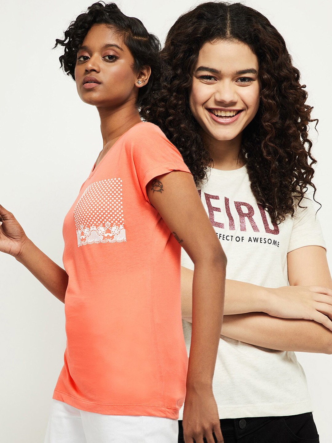 

max Women Orange & Cream-Coloured Set Of 2 Printed Slim Fit Pure Cotton T-shirt