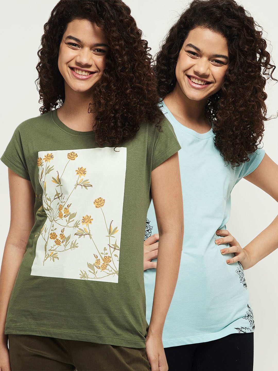 

max Women Pack of 2 Green & Blue Floral Printed Cotton T-shirt