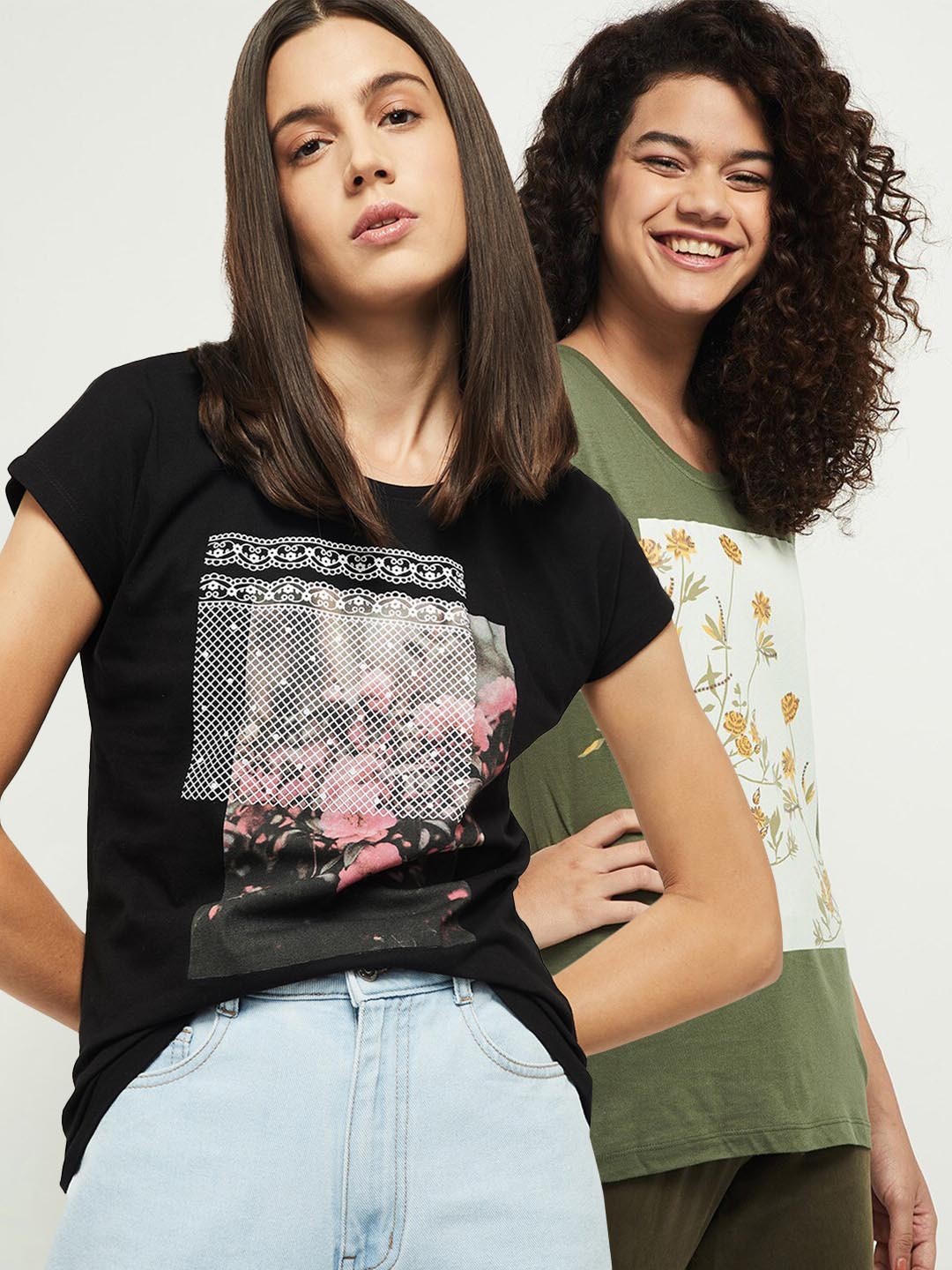 

max Women Pack of 2 Printed Cotton Regular Fit T-Shirts, Black