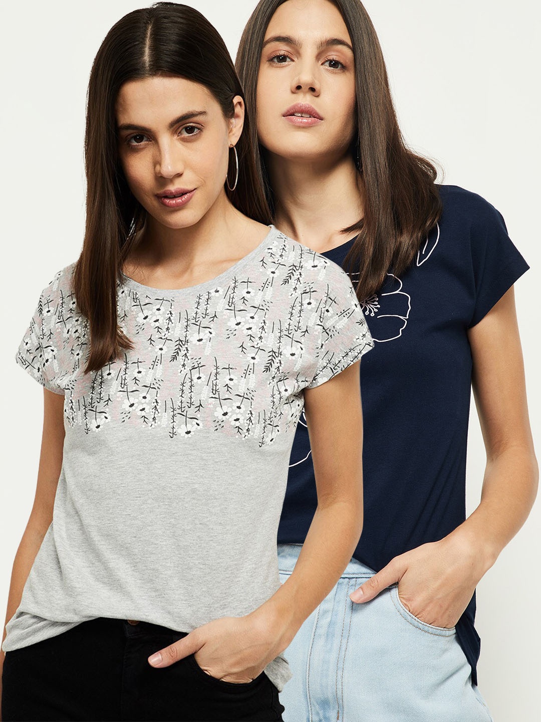 

max Pack of 2 Women Grey Melange & Navy Blue Printed T-Shirts