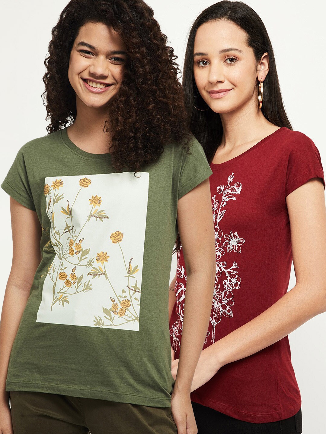 

max Women Pack of 2 Maroon & Green Floral Printed Cotton T-shirt