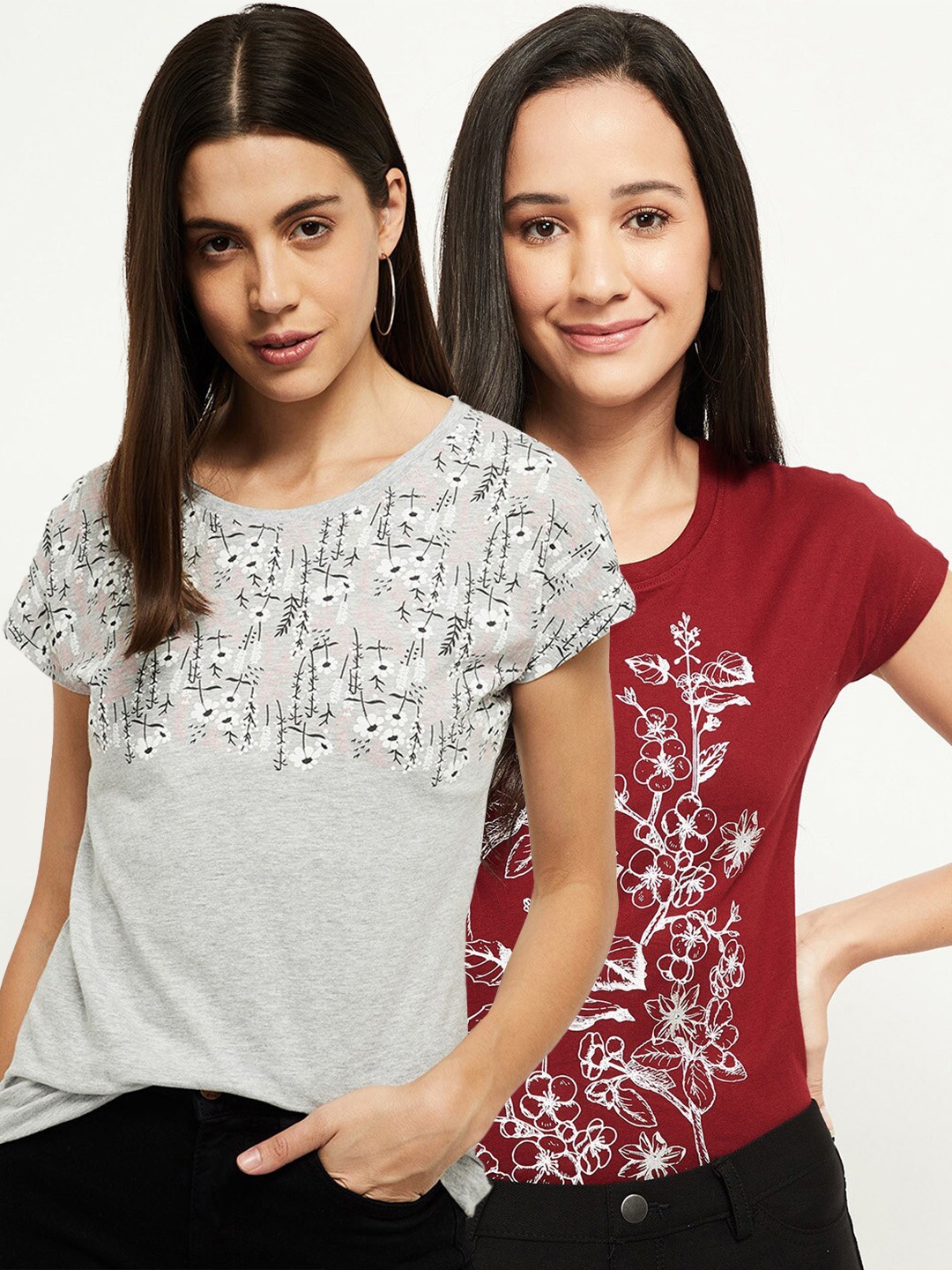 

max Women Pack Of 2 Grey Melange & Red Printed Regular Fit T-Shirts
