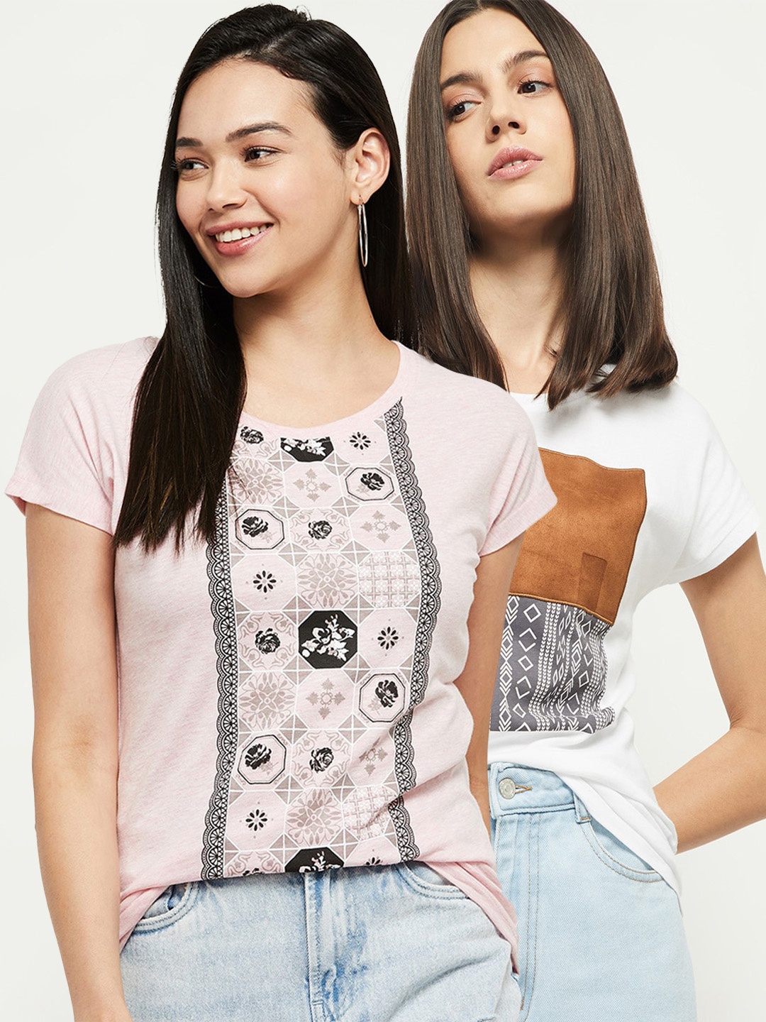 

max Women Pack of 2 White & Beige Printed Round T-shirt