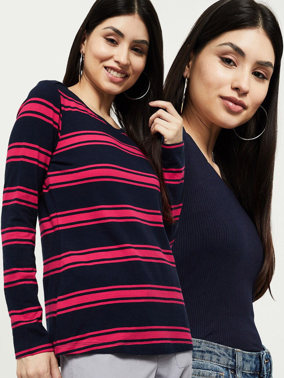 

max Women Pack Of 2 Striped Cotton T-Shirt, Navy blue