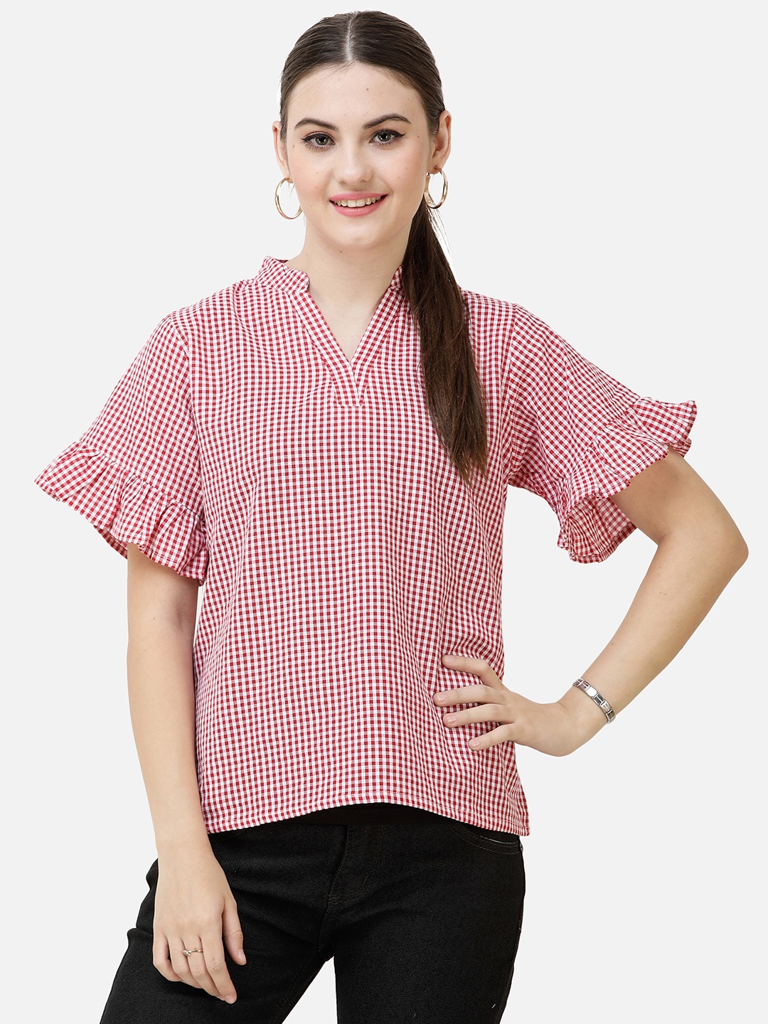 

DECHEN Pink Print Mandarin Collar Shirt Style Top