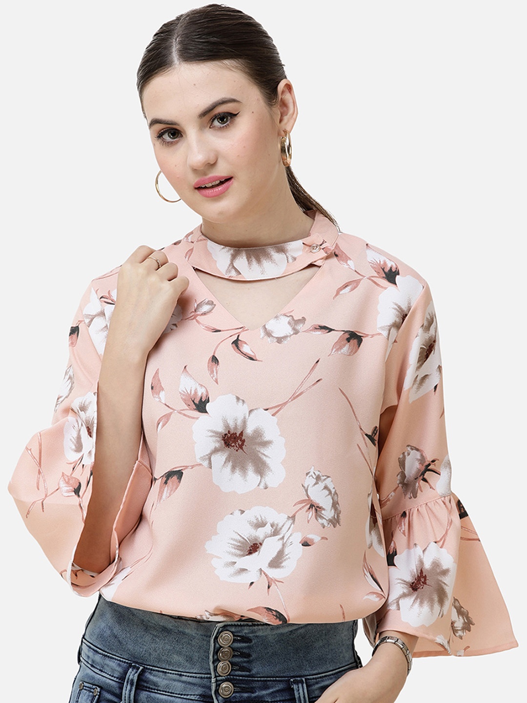 

DECHEN Peach-Coloured Floral Print Choker Neck Bell Sleeves Crepe Top