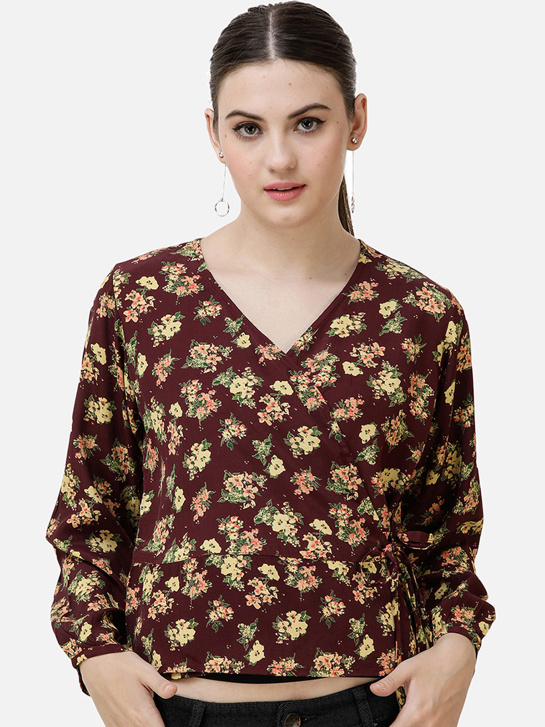 

DECHEN Maroon Floral Print Georgette Wrap Top