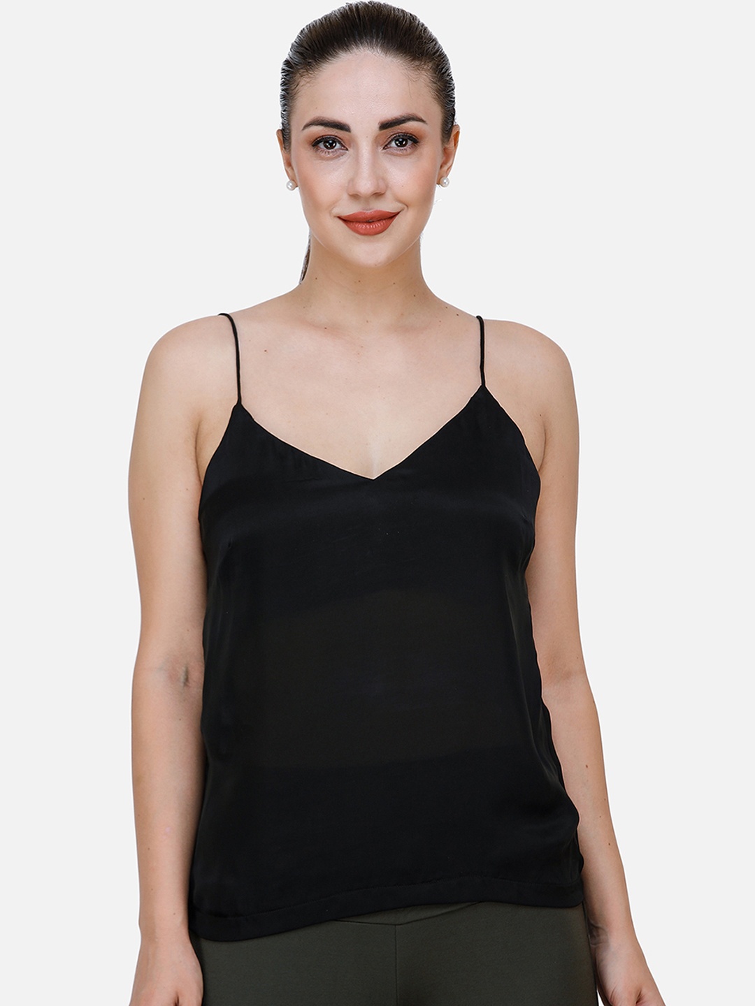 

DECHEN Black Shoulder Straps Satin Slip Top