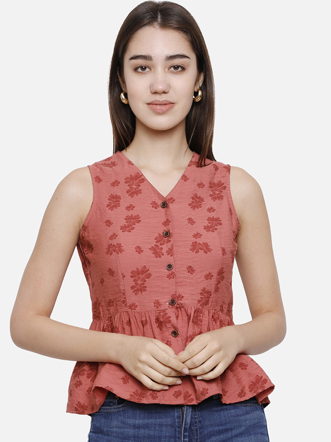 

DECHEN Pink Floral Printed Peplum Top