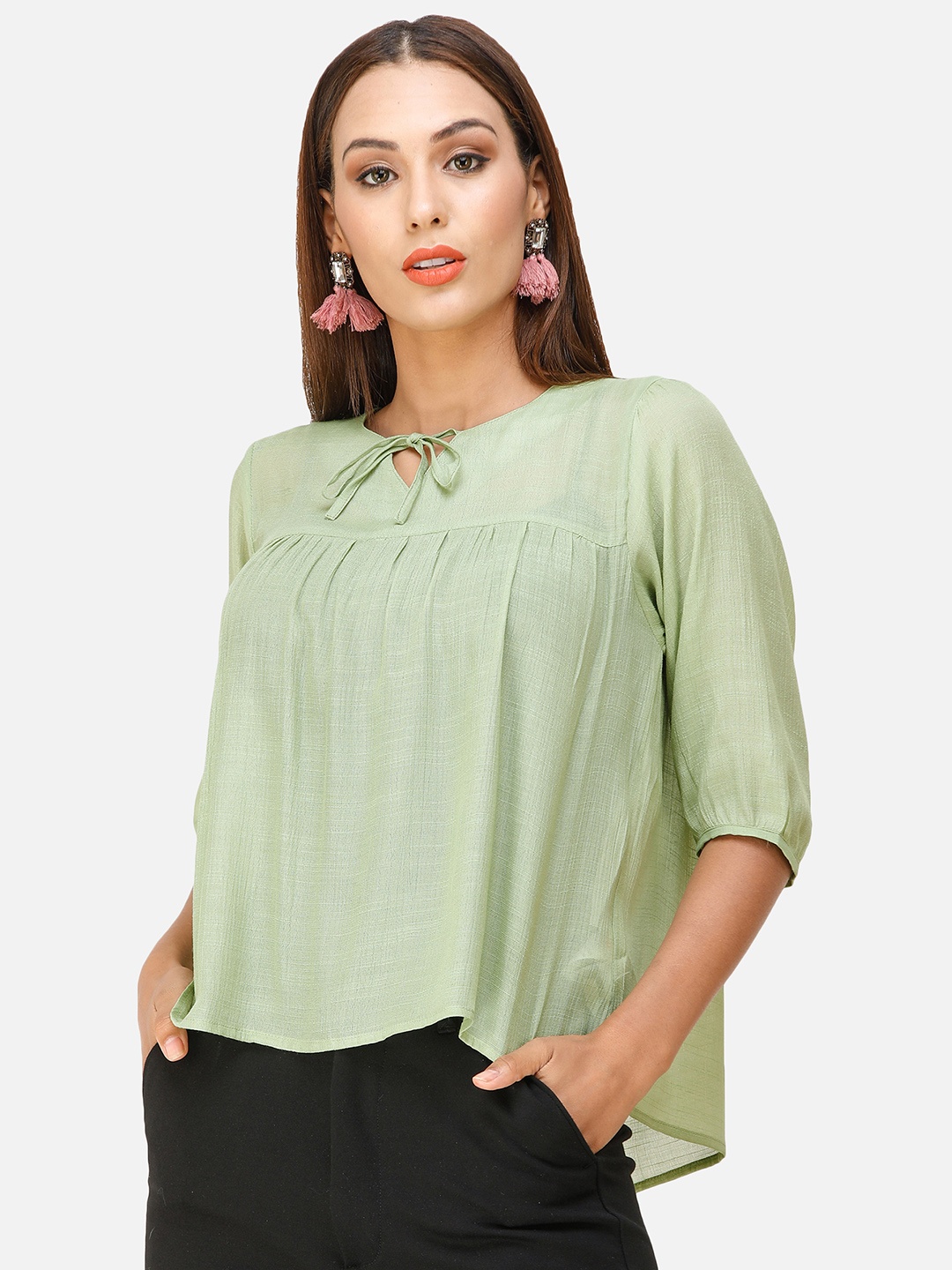 

DECHEN Women Green Tie-Up Neck Top