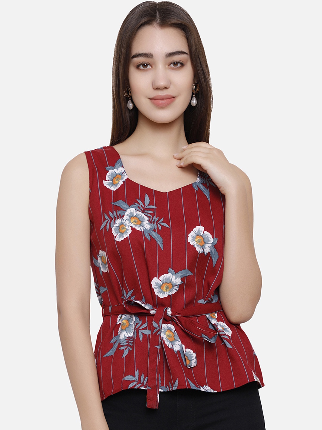 

DECHEN Maroon Floral Print Crepe Cinched Waist Top