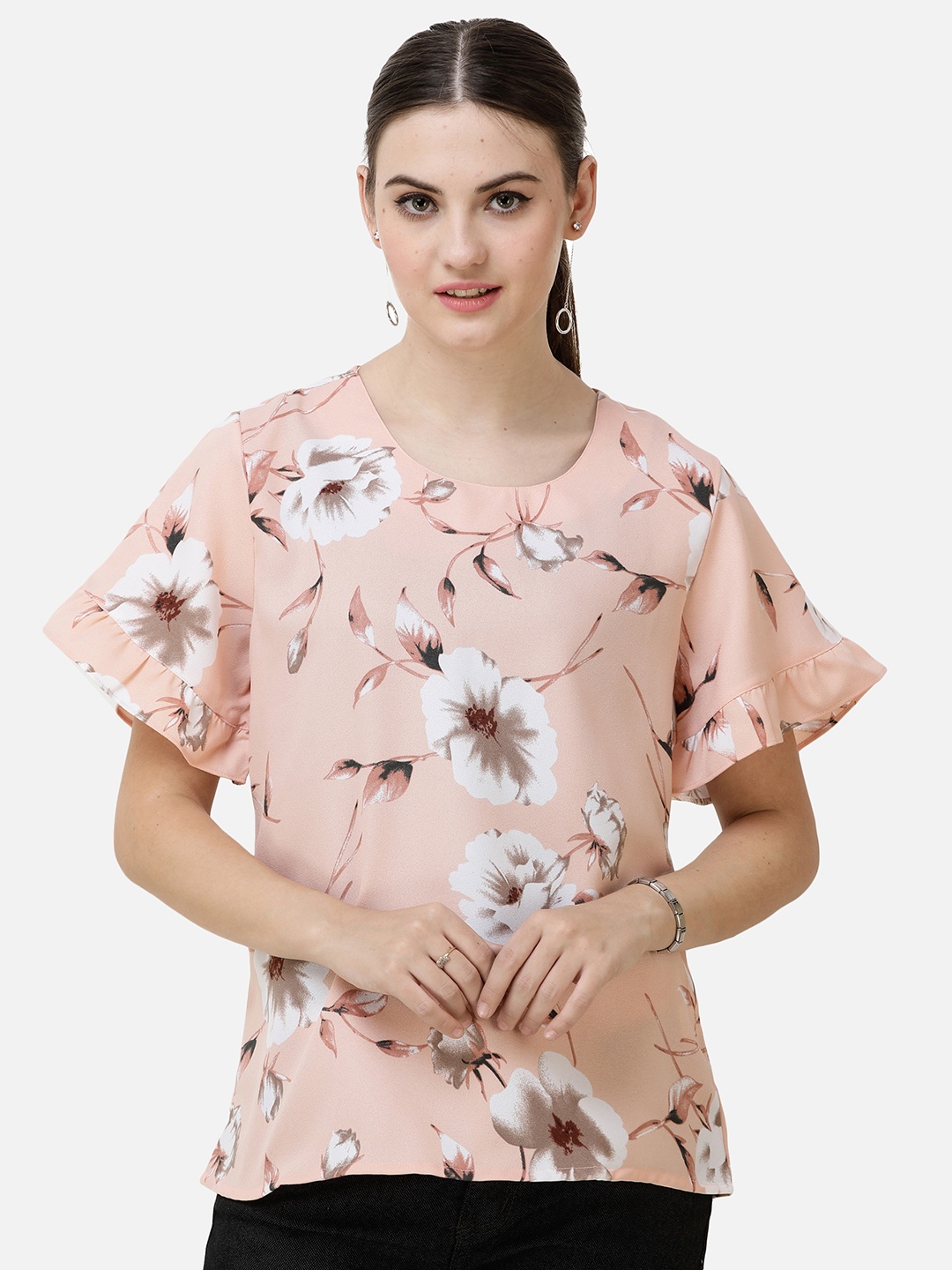 

DECHEN Peach-Coloured Floral Print Crepe Top