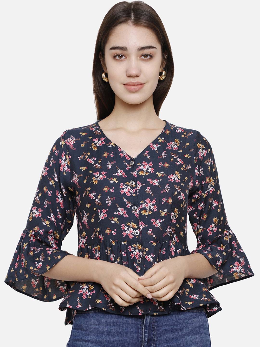 

DECHEN Navy Blue Floral Printed Top With Gathered Detailing