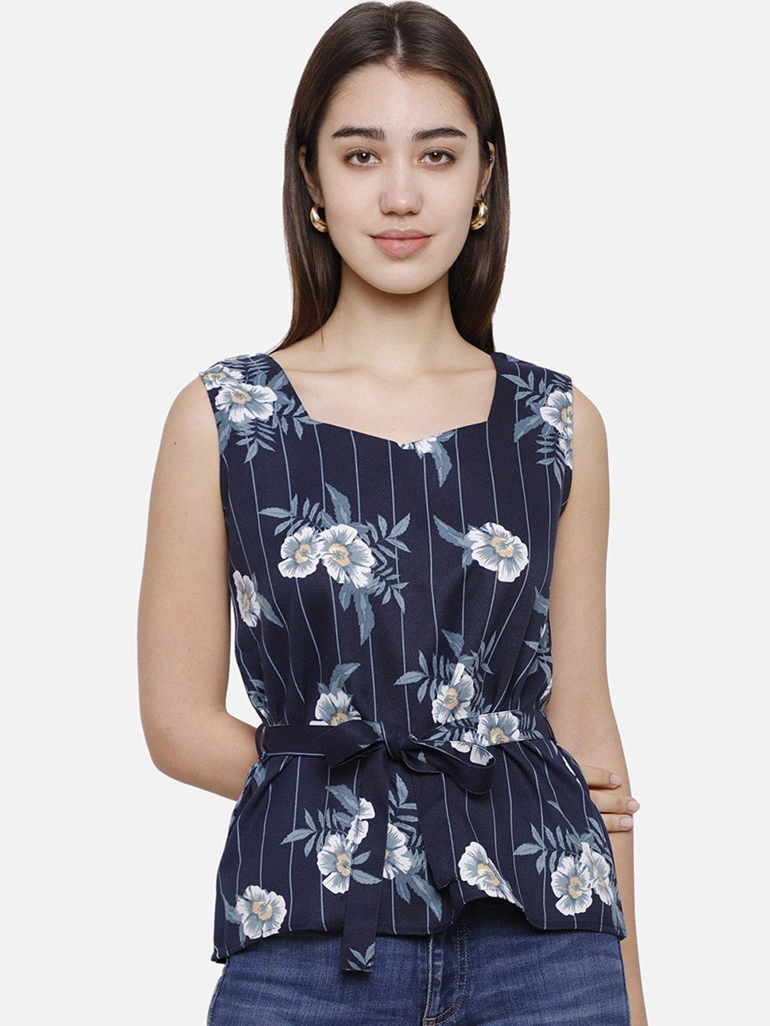

DECHEN Navy Blue Floral Print Sweetheart Neck Crepe Cinched Waist Top