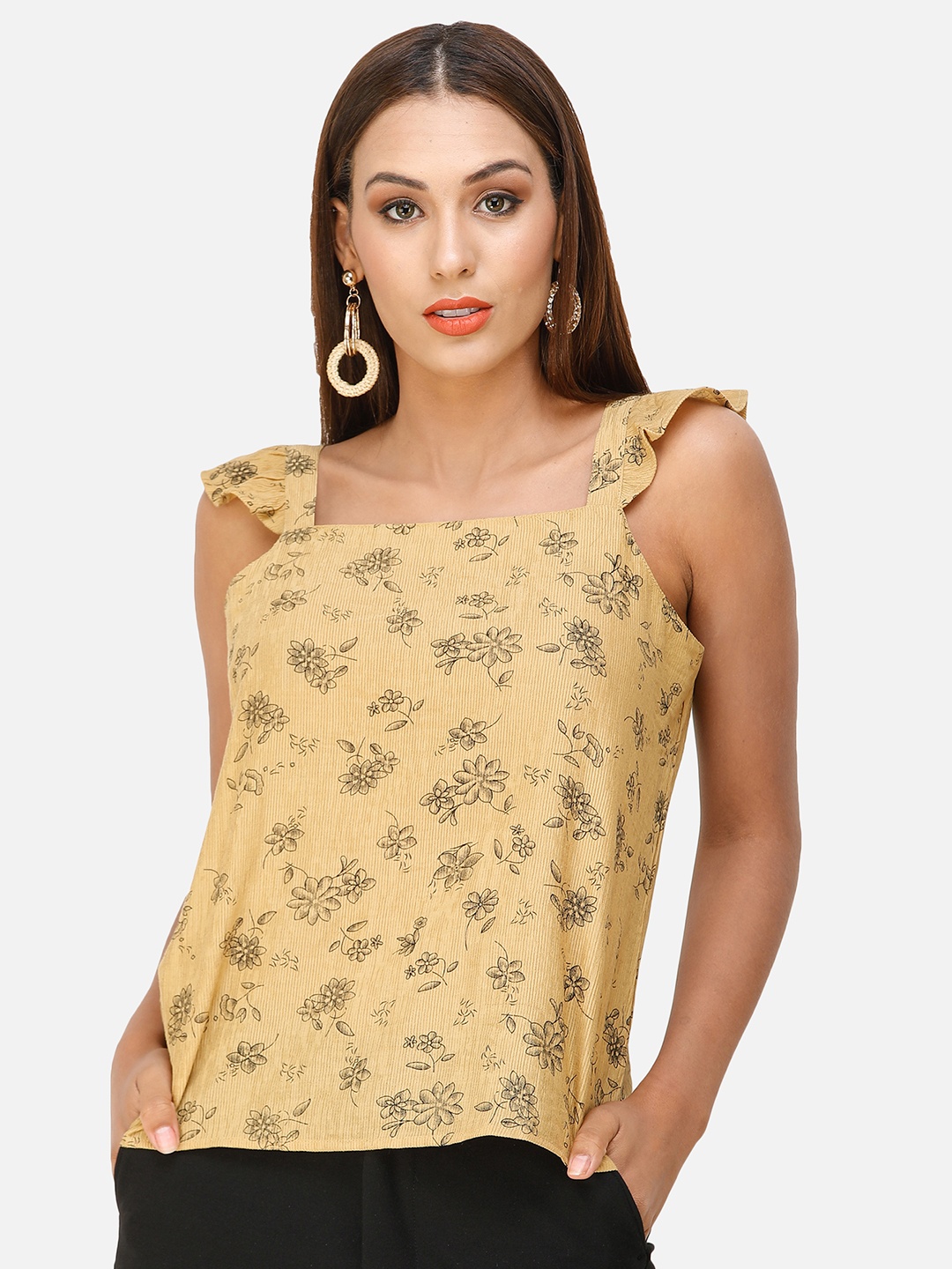 

DECHEN Beige Floral Print Shoulder Strap Crepe Top