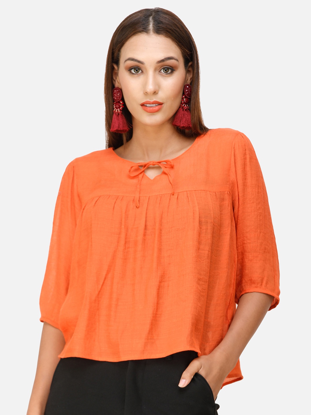 

DECHEN Orange Balloon Sleeve Tie- Up Neck Top