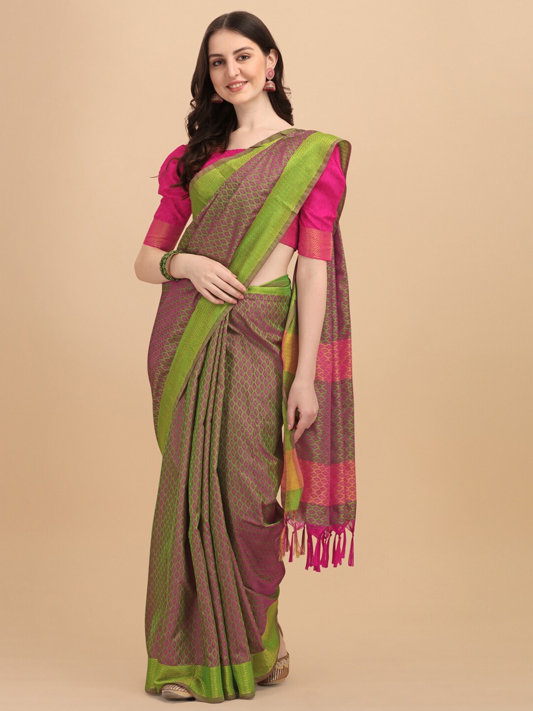 

KALINI Green & Pink Ethnic Motifs Silk Cotton Saree