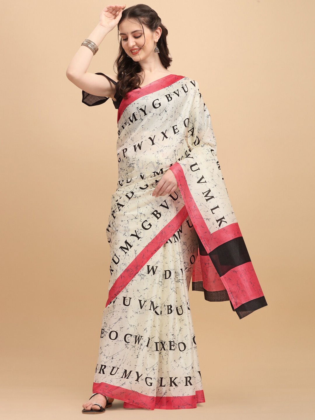 

KALINI Off White & Pink Art Silk Fusion Khadi Saree