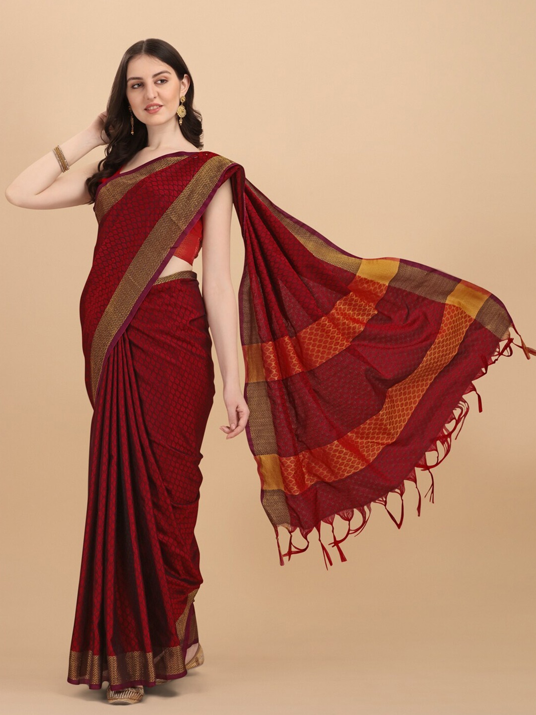 

KALINI Maroon Woven Design Silk Cotton Fusion Saree