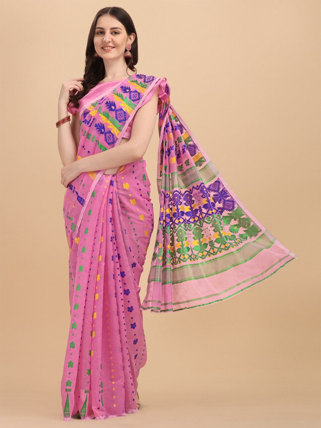 

KALINI Pink & Purple Ethnic Motifs Silk Cotton Jamdani Saree