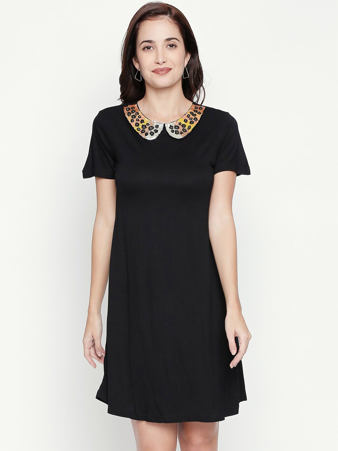 

aaliya Black & Gold-Toned Peter Pan Collar Scuba A-Line Dress