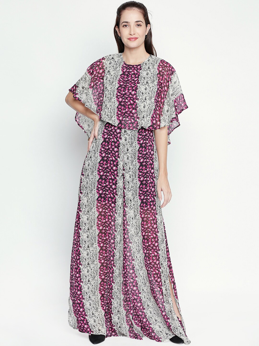 

aaliya Violet Printed Georgette Poncho Style Maxi Dress