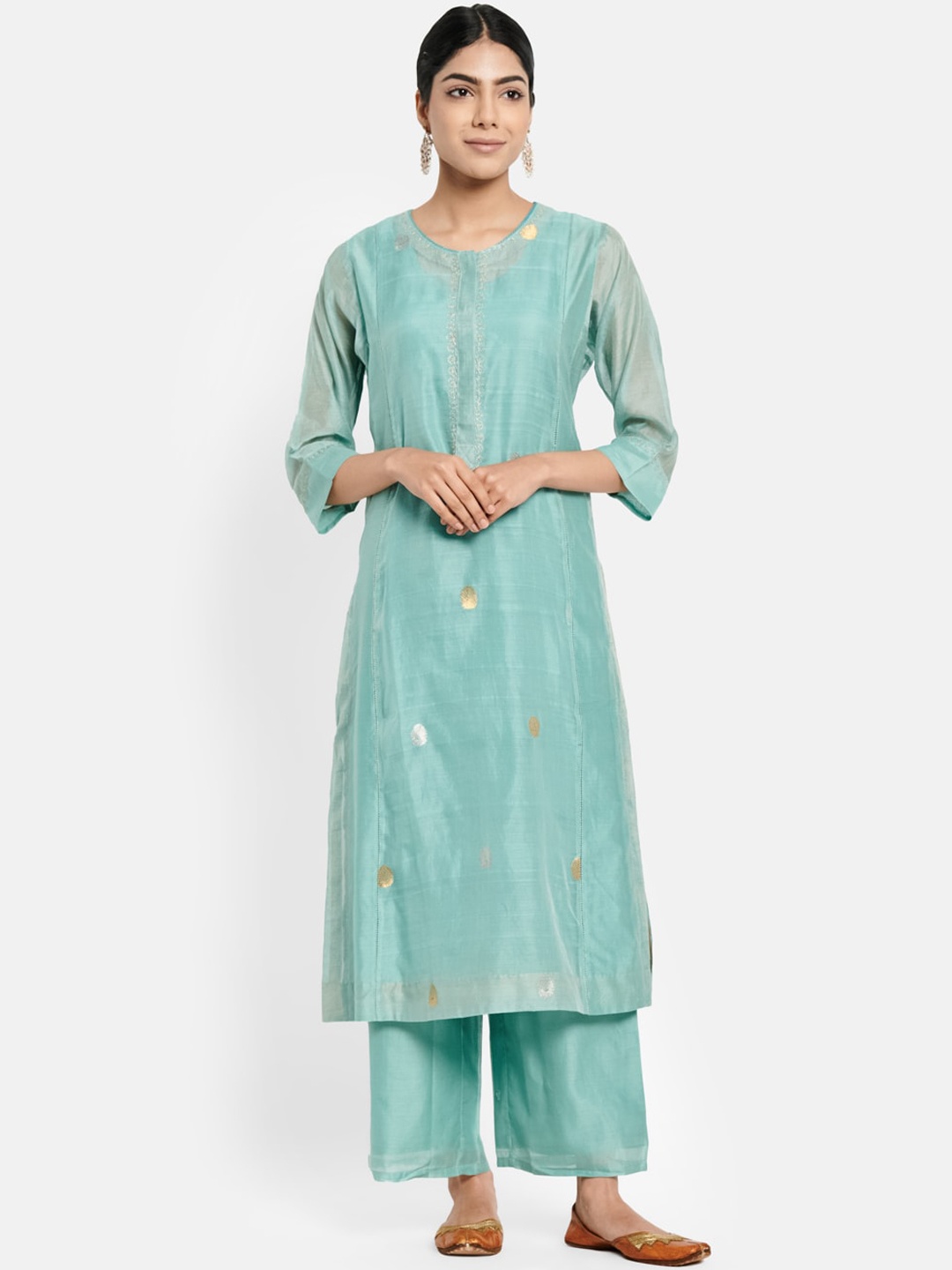 

Fabindia Women Teal Embroidered Layered Aari Work Kurta with Palazzos
