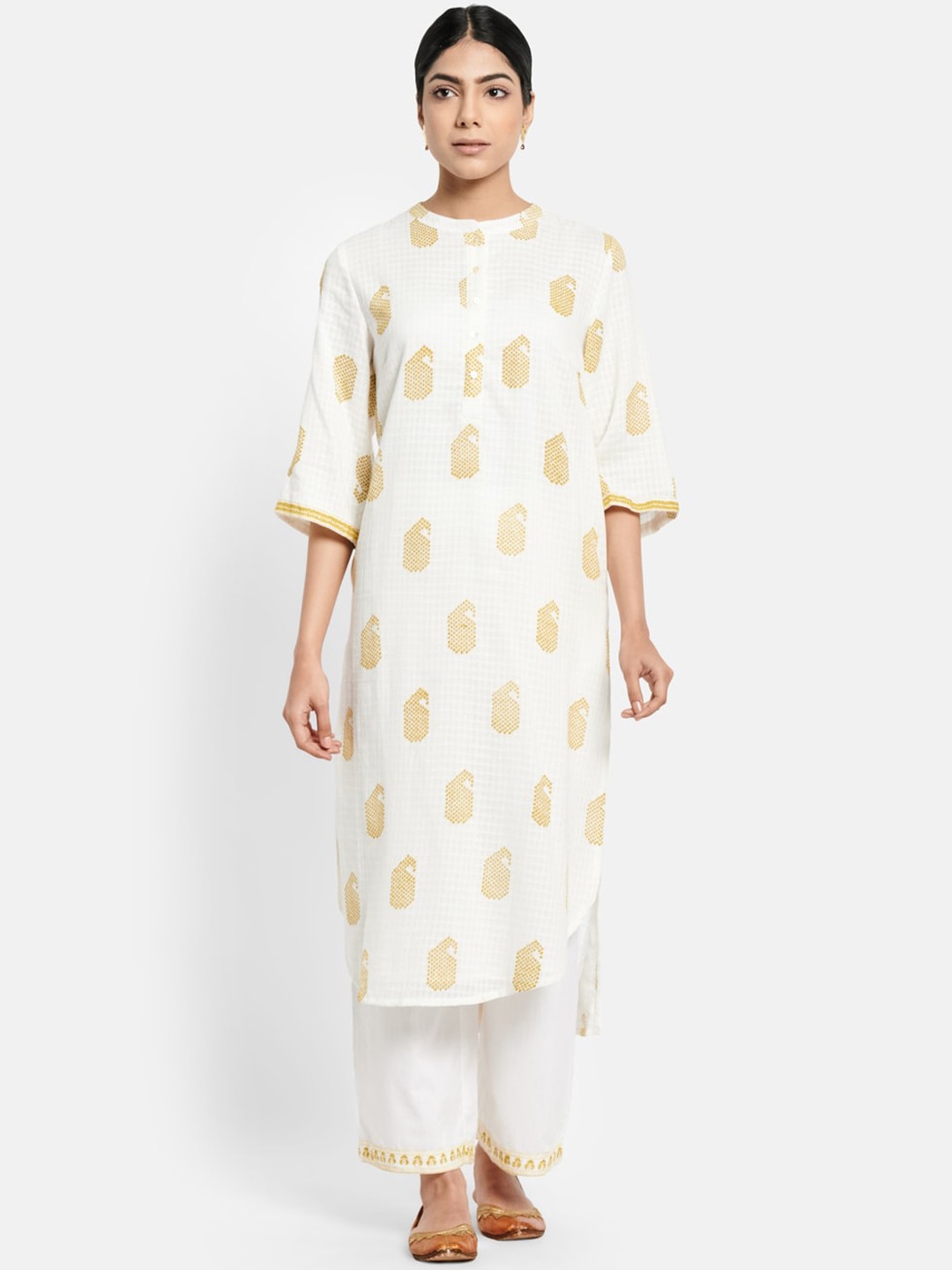 

Fabindia Women Yellow Printed Pure Cotton Kurta with Palazzos