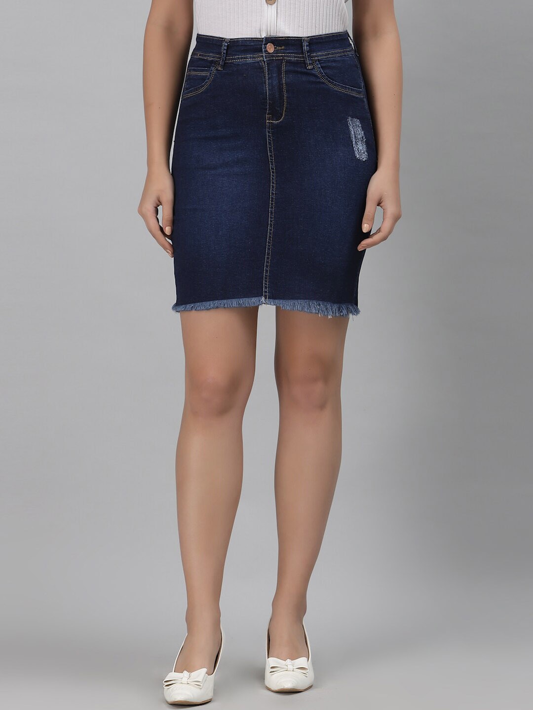 

River Of Design Jeans Women Blue Washed Straight Knee-Length Denim Skirts