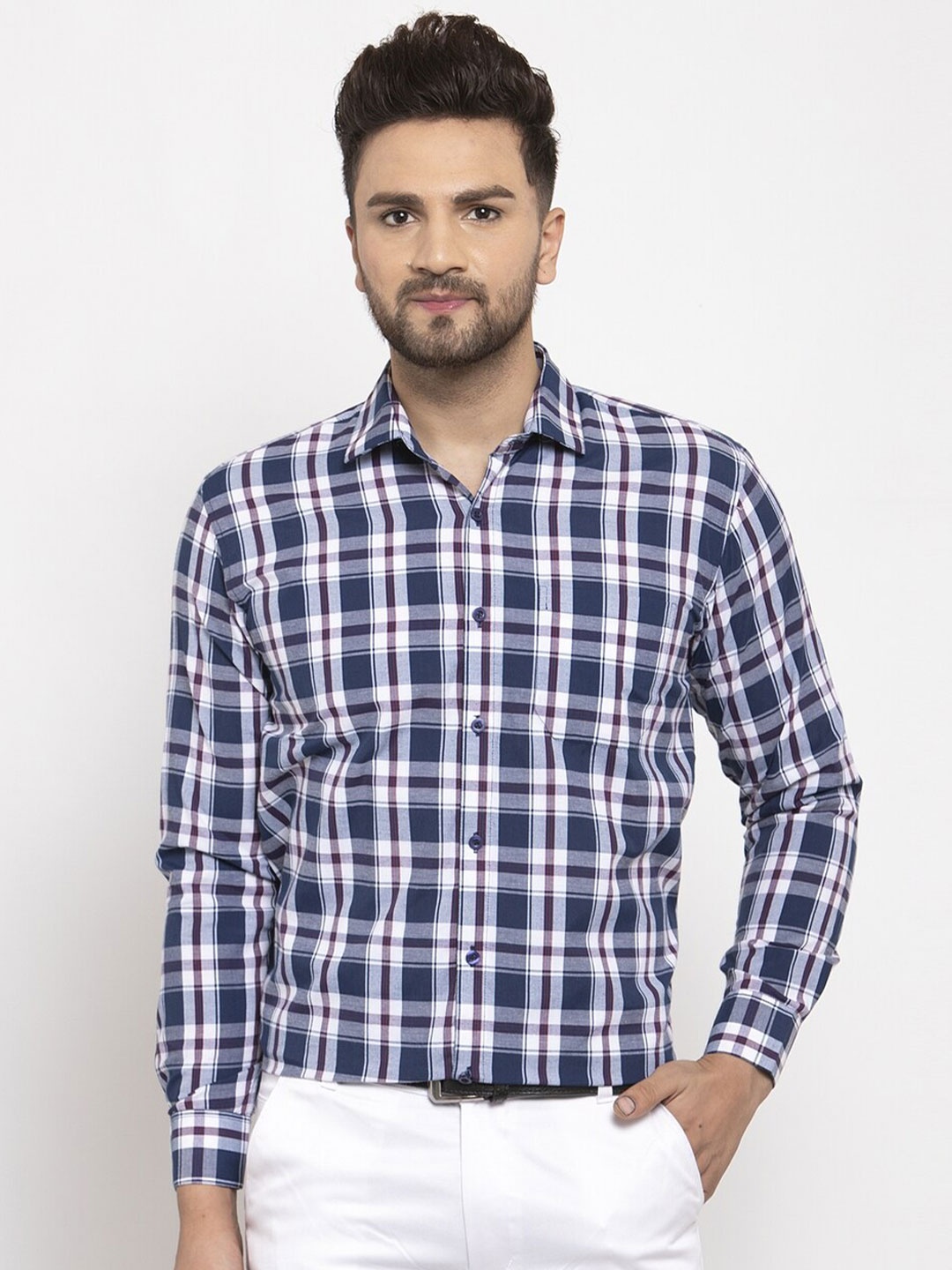 

JAINISH Men Navy Blue Classic Tartan Checks Checked Pure Cotton Formal Shirt