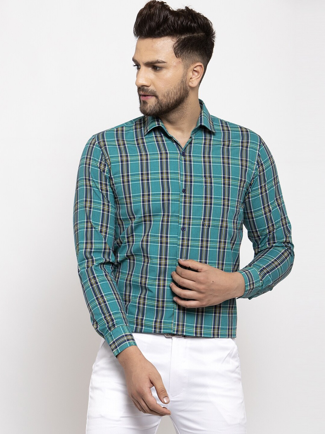

JAINISH Men Green Classic Tartan Checks Regular Fit Cotton Formal Shirt