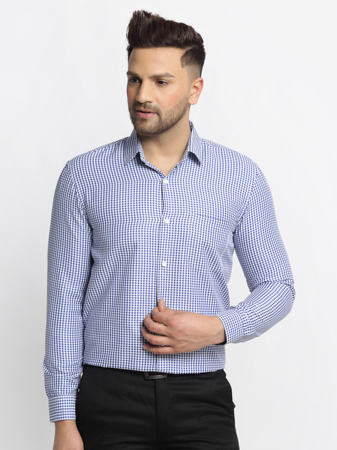 

JAINISH Men Blue Classic Micro Checks Regular Fit Pure Cotton Formal Shirt
