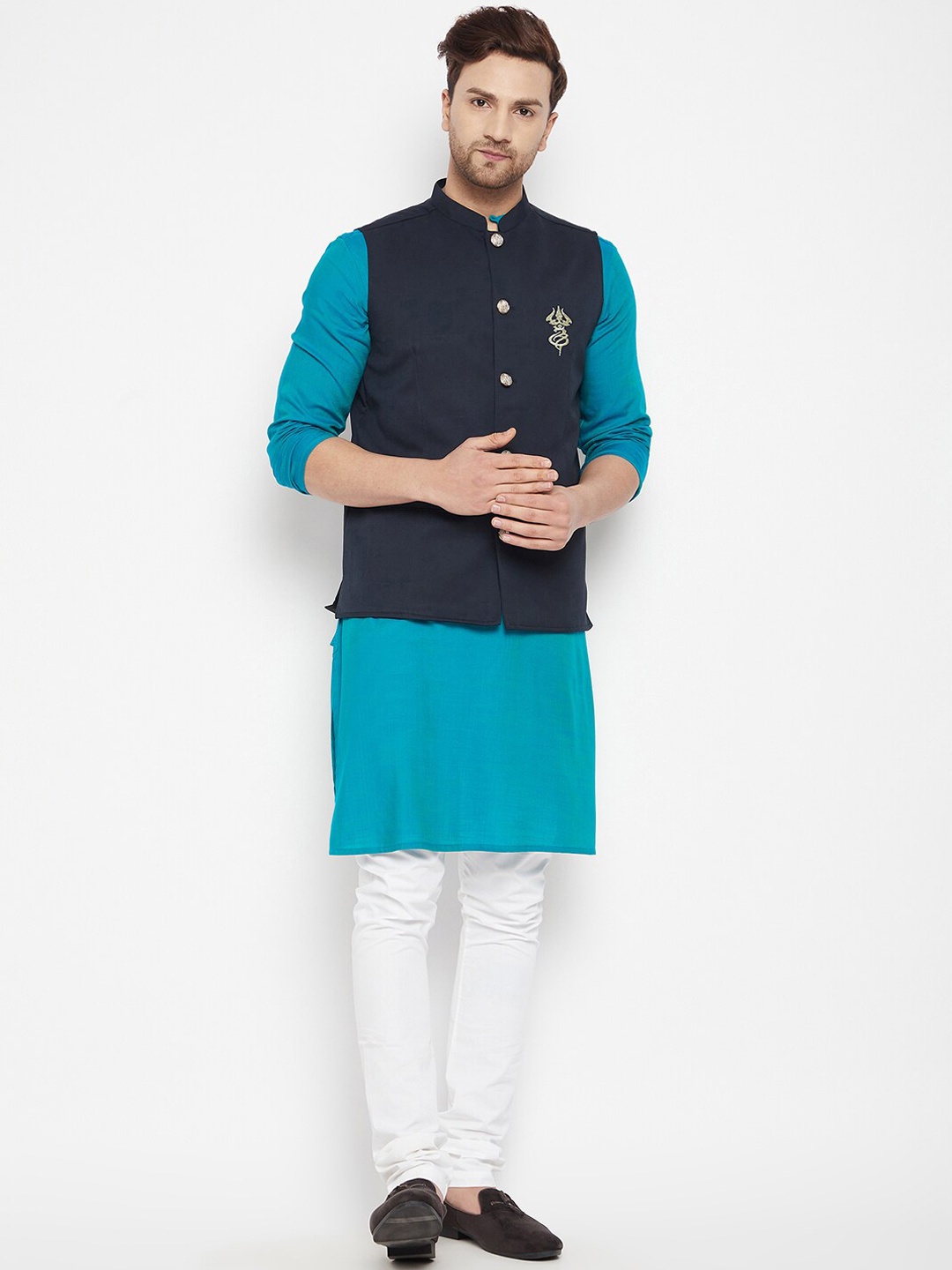 

even Men Navy Blue Solid Woven Nehru Jacket