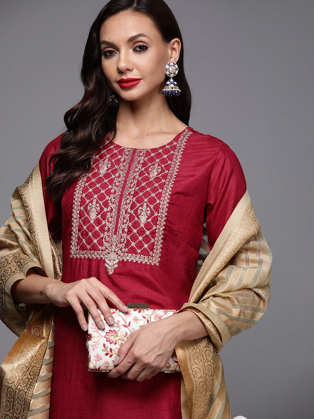 

Indo Era Women Maroon Yoke Design Kurta with Palazzos & Dupatta