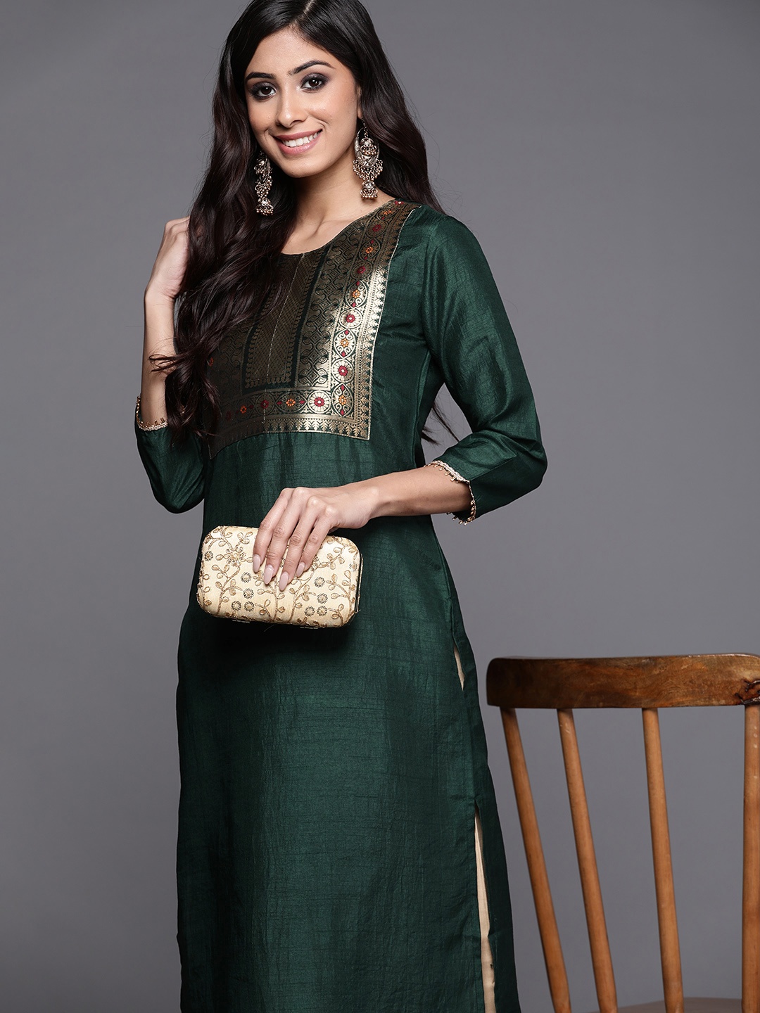 

Indo Era Women Green & Golden Ethnic Motifs Yoke Design Kurta