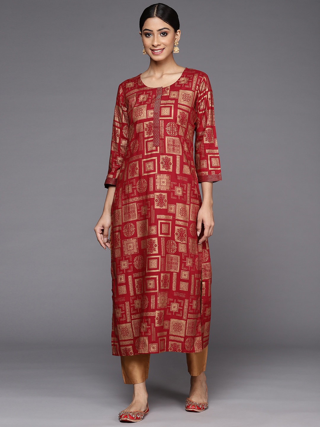 

Indo Era Women Red & Gold-Toned Geometric Printed Kurta