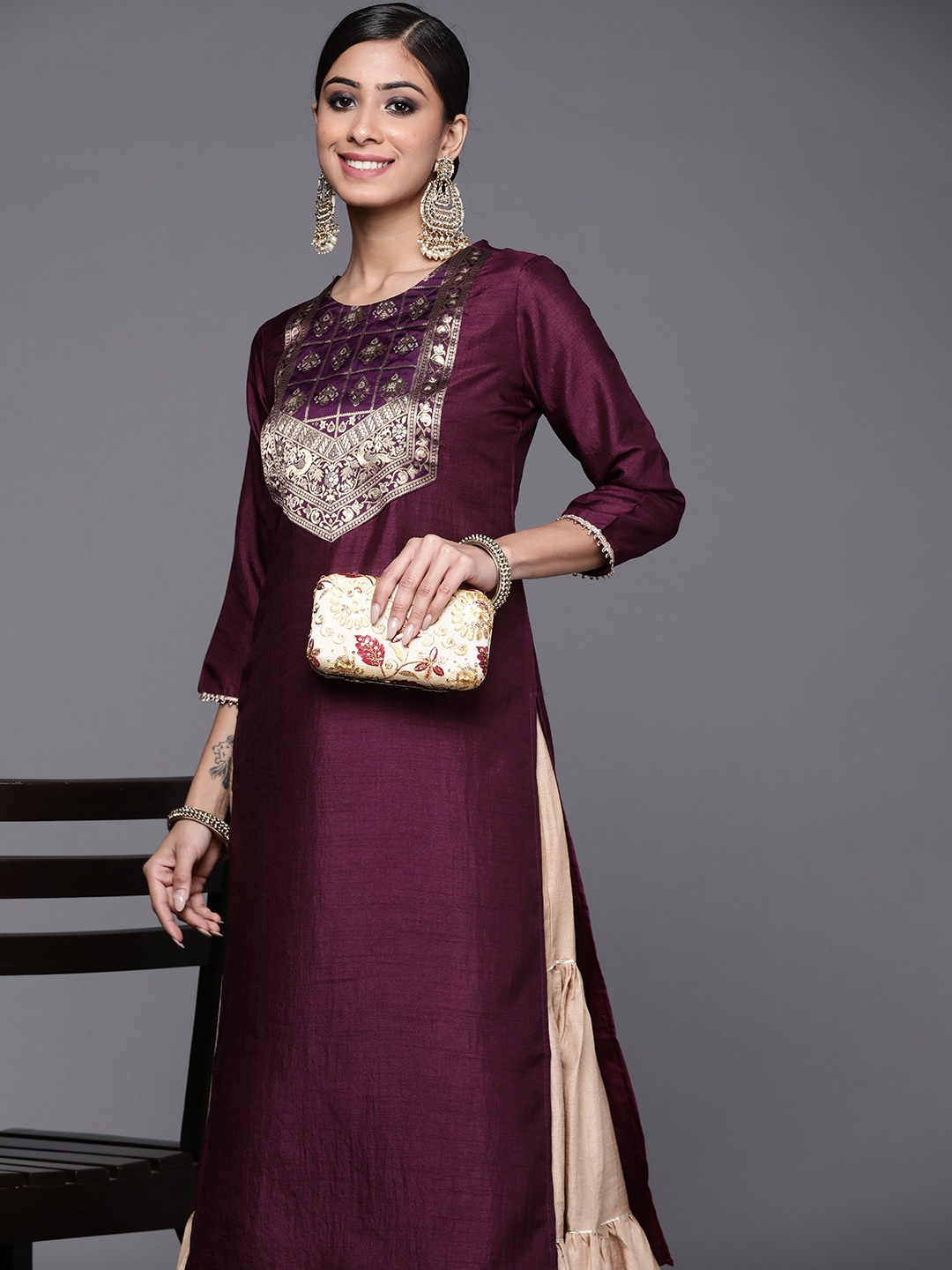 

Indo Era Women Burgundy & Golden Ethnic Motifs Yoke Design Kurta
