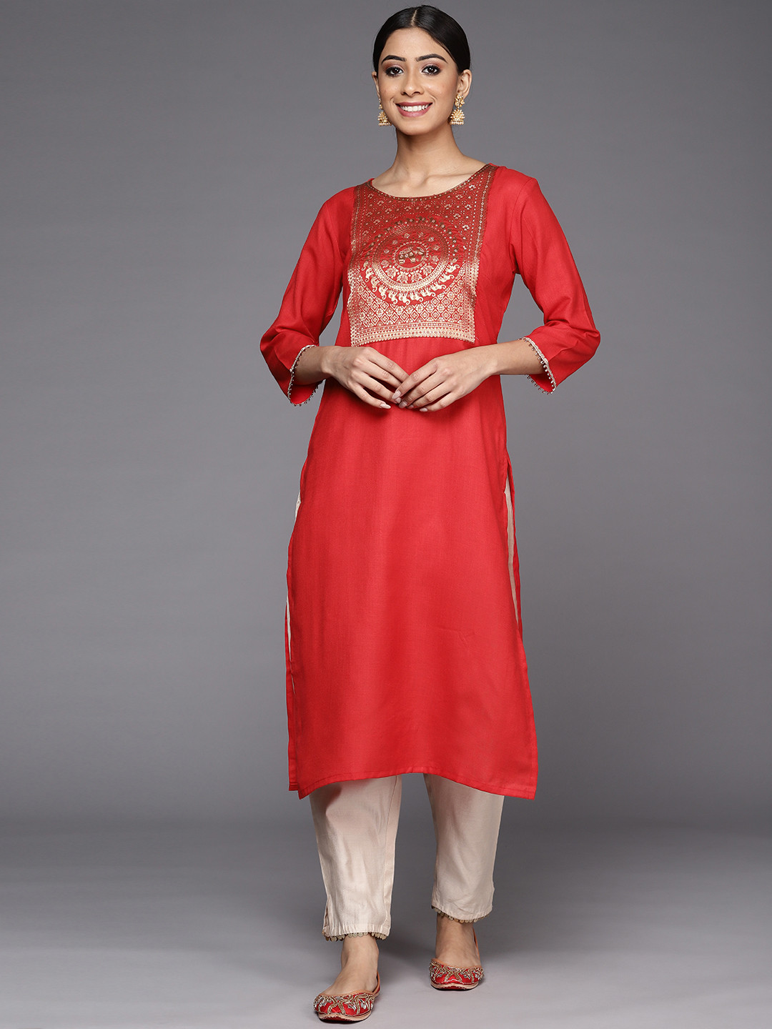 

Indo Era Women Red & Gold-Toned Ethnic Motifs Yoke Design Kurta