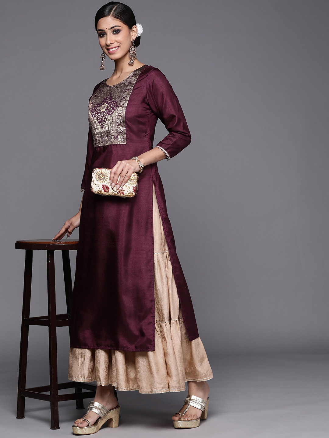 

Indo Era Women Burgundy & Golden Yoke Design Kurta