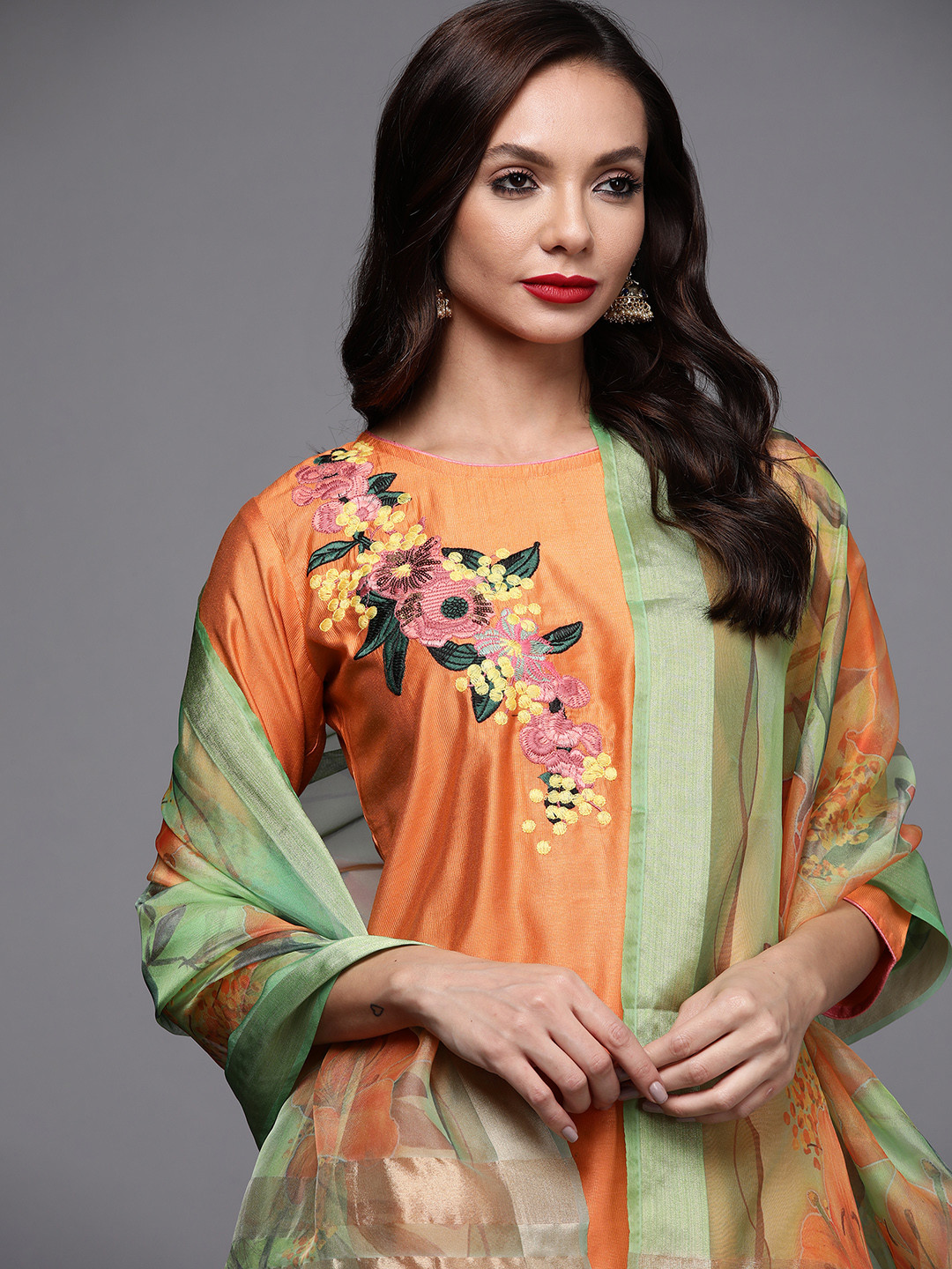 

Indo Era Women Orange Floral Embroidered Thread Work Kurta with Palazzos & Dupatta