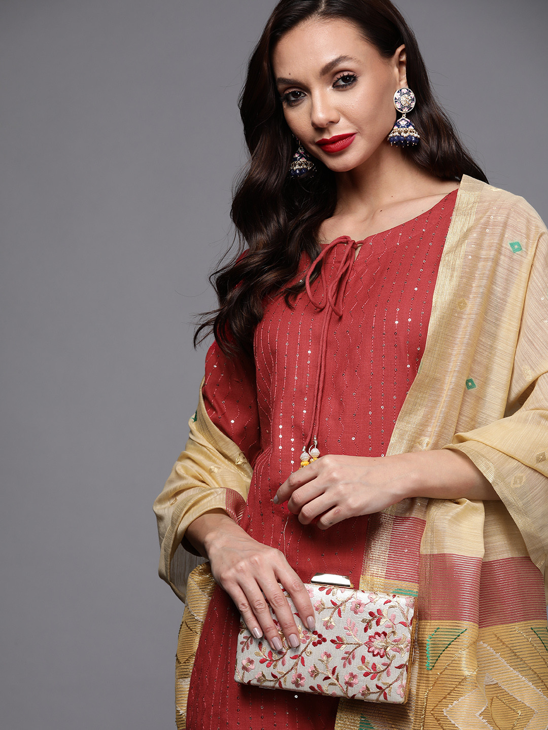 

Indo Era Women Red Sequinned Kurta with Palazzos & Dupatta