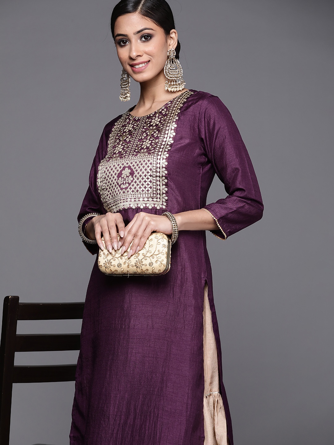

Indo Era Women Purple & Golden Ethnic Motifs Yoke Design Kurta